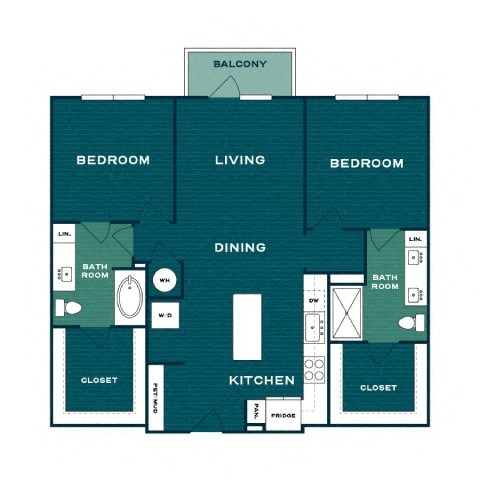 Floor plan for 2 beds, 2 baths, 1142 sqft